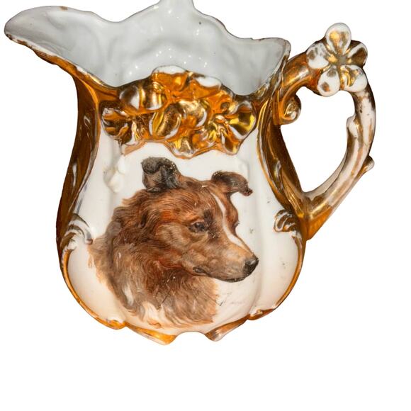 Small Porcelain Victorian Edwardian Little Creamer Pitcher Dog Theme - Picture 1 of 8